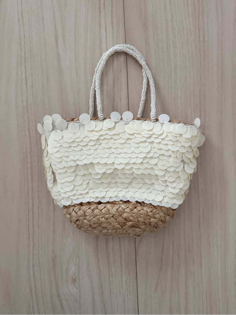 Zara Cream Sequin Straw Crossbody Bag